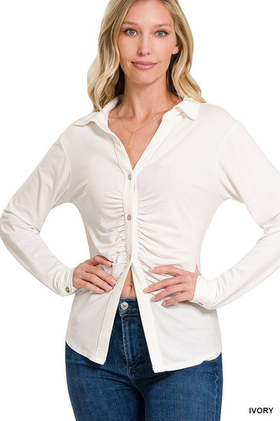 Ruched Front Button-Up